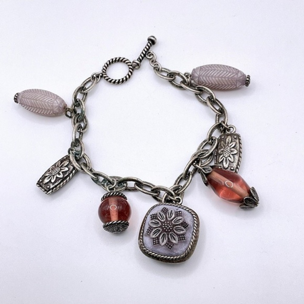 Vintage Napier Charm Bracelet Silver Tone Lavender Pink Glass‎ Floral 7"